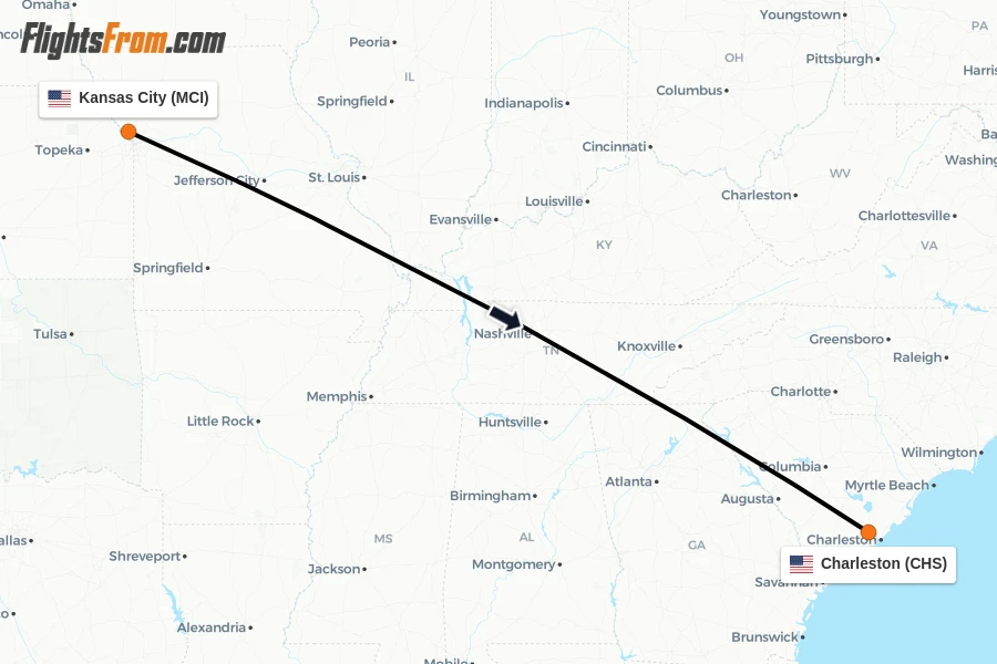 Flights from Kansas City to Charleston route map