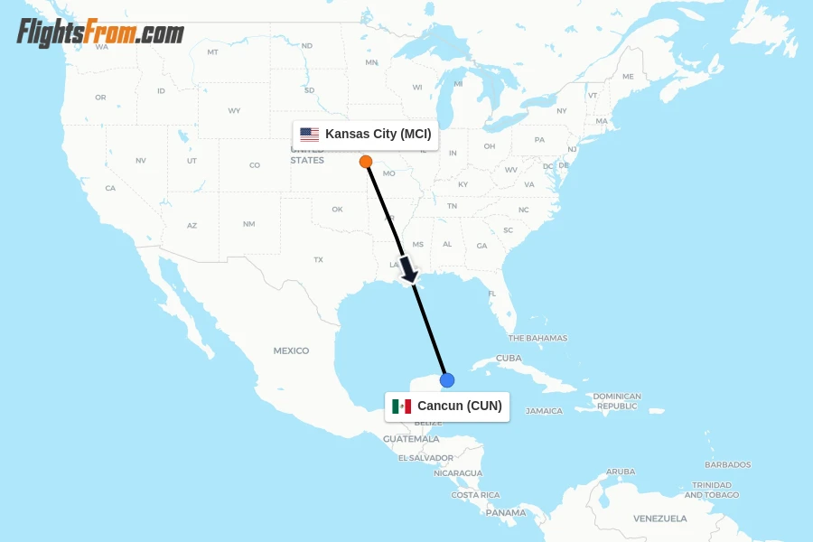 Flights from Kansas City to Cancun route map
