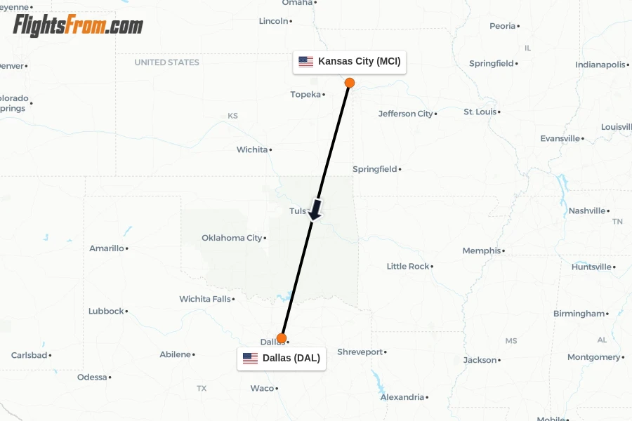 Flights from Kansas City to Dallas route map