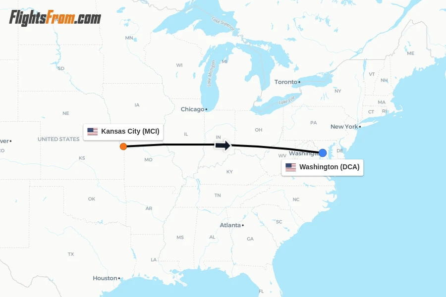 Flights from Kansas City to Washington route map