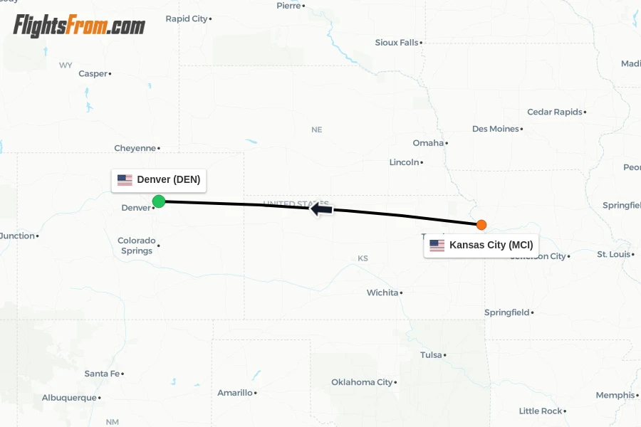 Flights from Kansas City to Denver route map