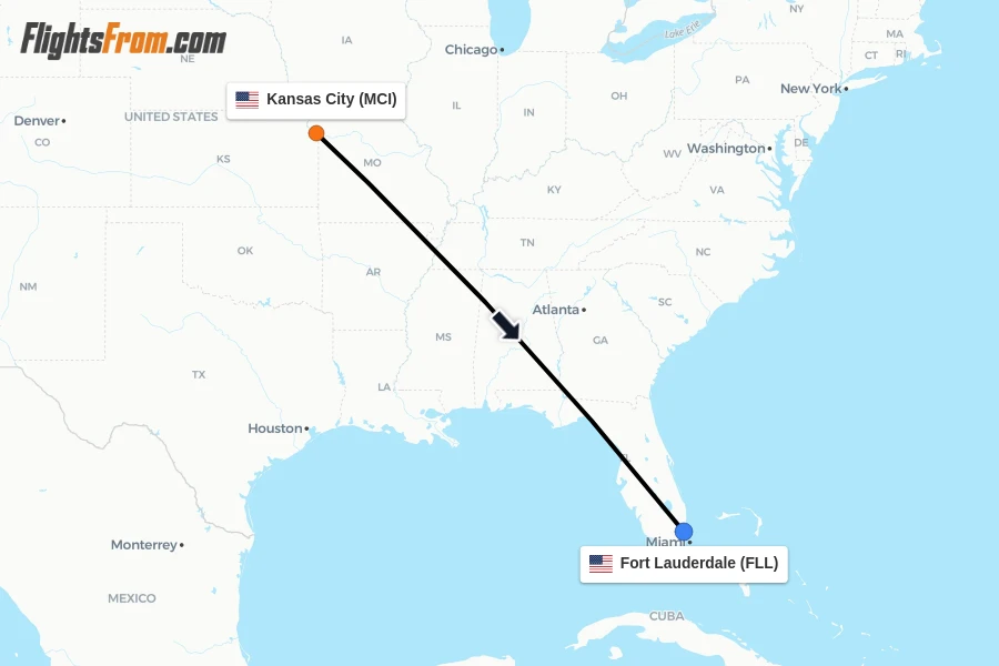 Flights from Kansas City to Fort Lauderdale route map