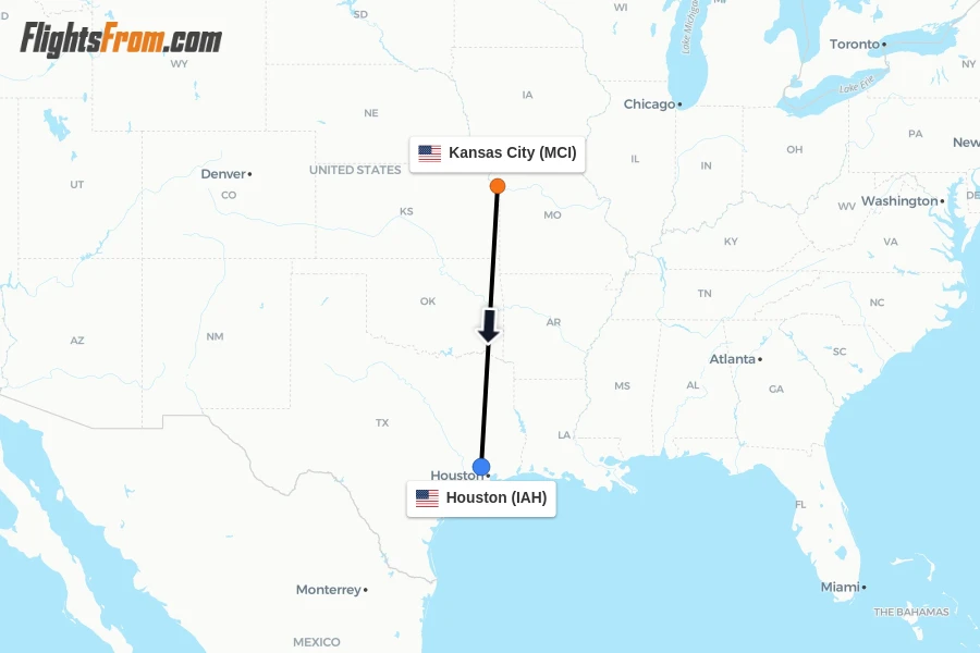 Flights from Kansas City to Houston route map