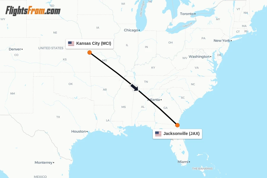 Flights from Kansas City to Jacksonville route map