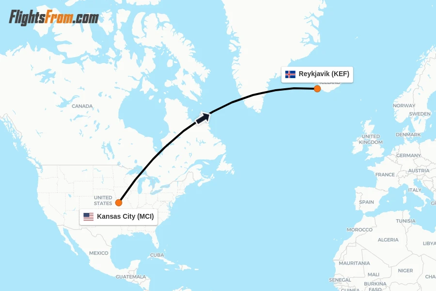 Flights from Kansas City to Reykjavik route map