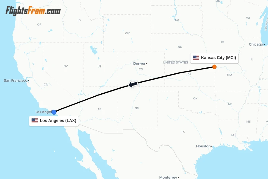 Flights from Kansas City to Los Angeles route map