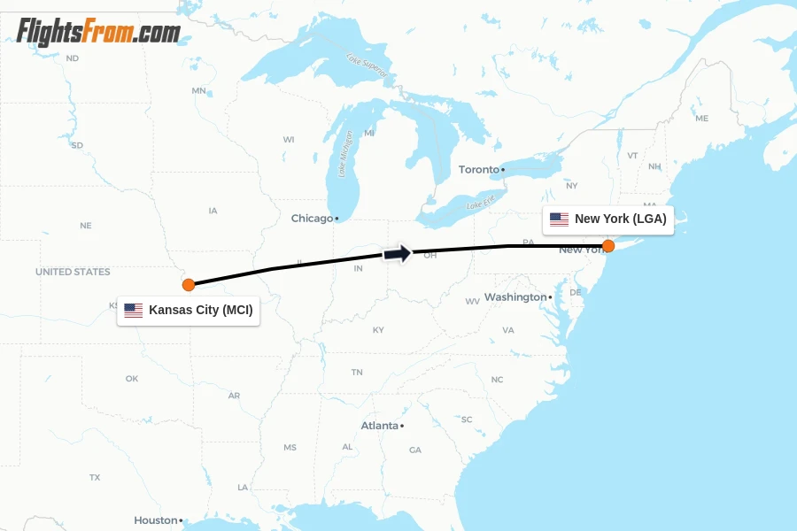 Flights from Kansas City to New York route map
