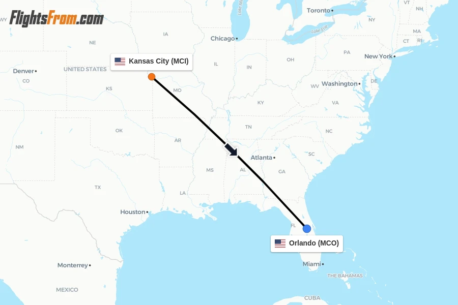 Flights from Kansas City to Orlando route map