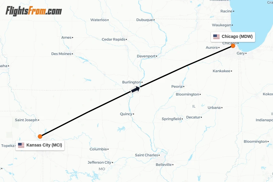 Flights from Kansas City to Chicago route map