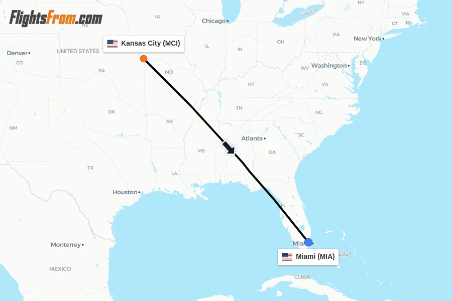 Flights from Kansas City to Miami route map