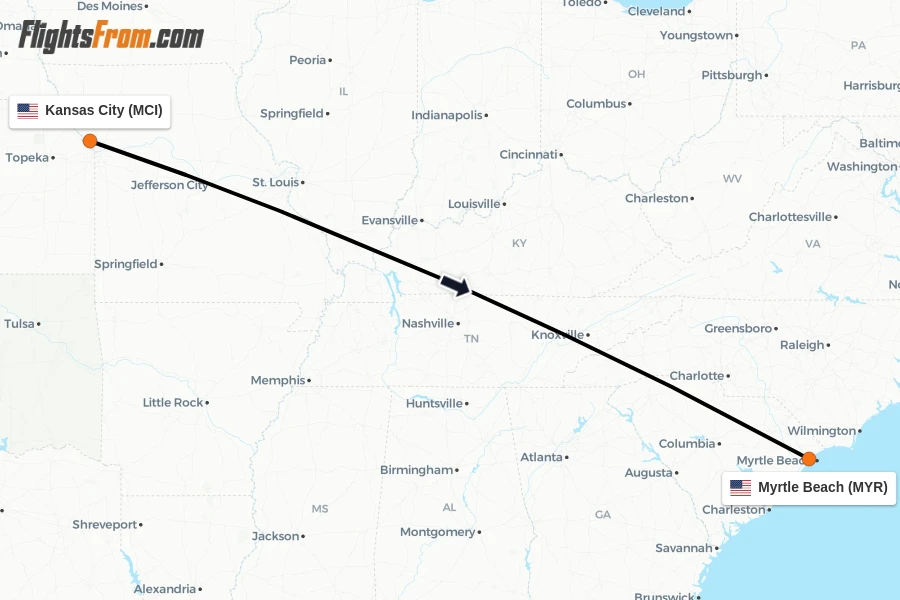 Flights from Kansas City to Myrtle Beach route map