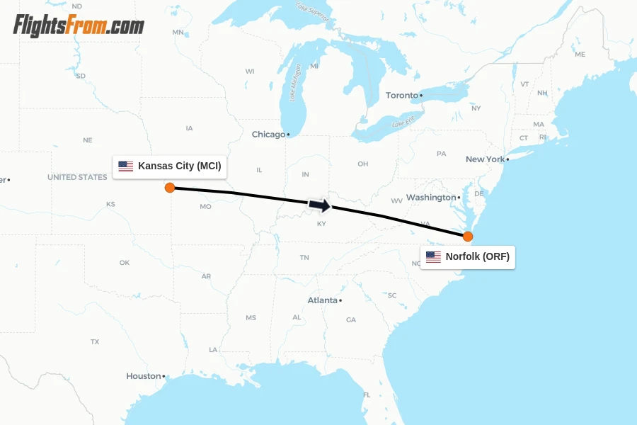 Flights from Kansas City to Norfolk route map