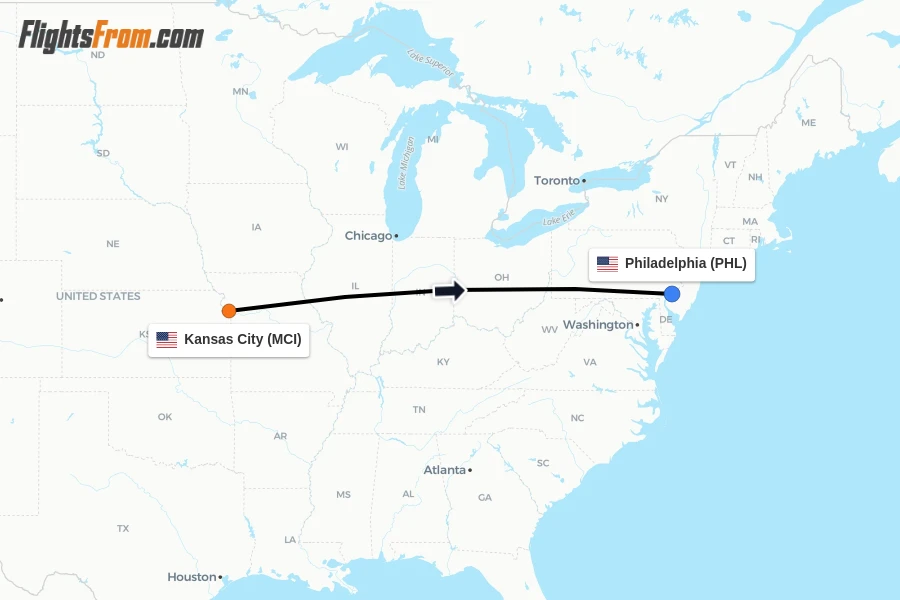 Flights from Kansas City to Philadelphia route map