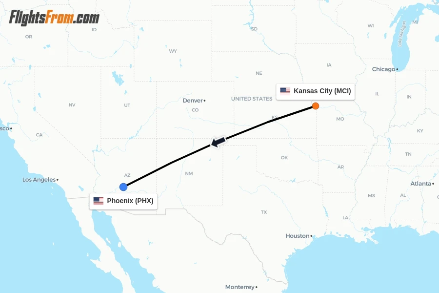 Flights from Kansas City to Phoenix route map