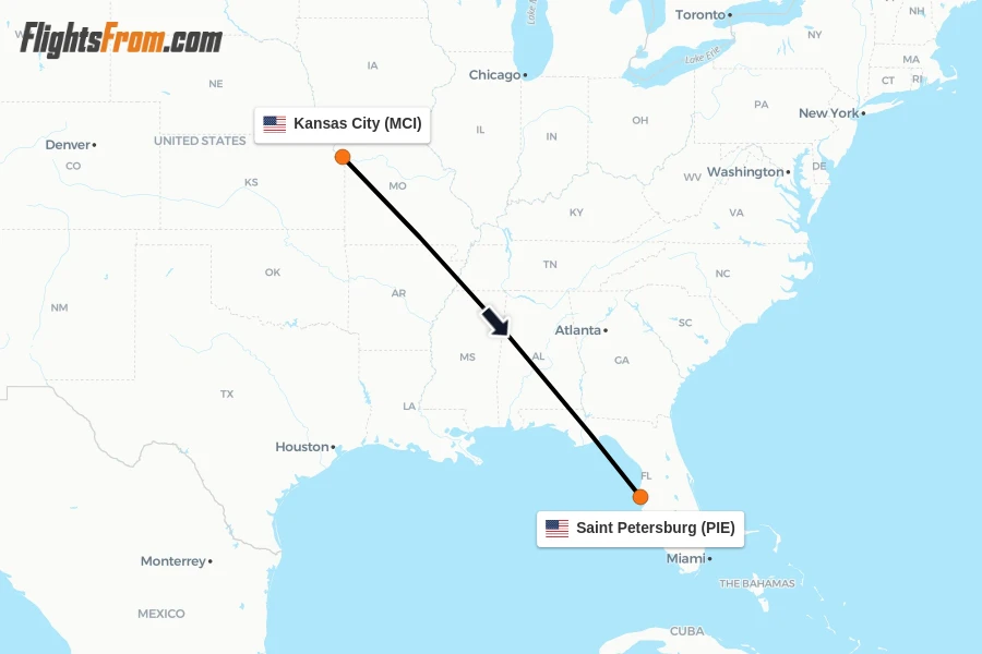 Flights from Kansas City to Saint Petersburg route map