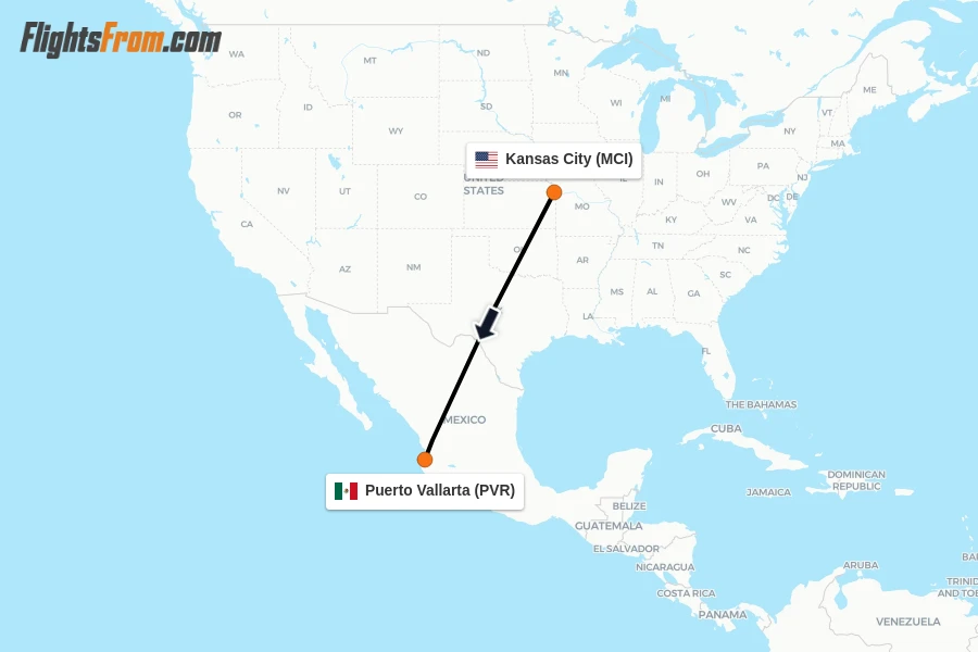 Flights from Kansas City to Puerto Vallarta route map