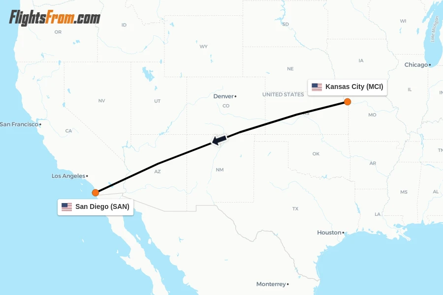 Flights from Kansas City to San Diego route map