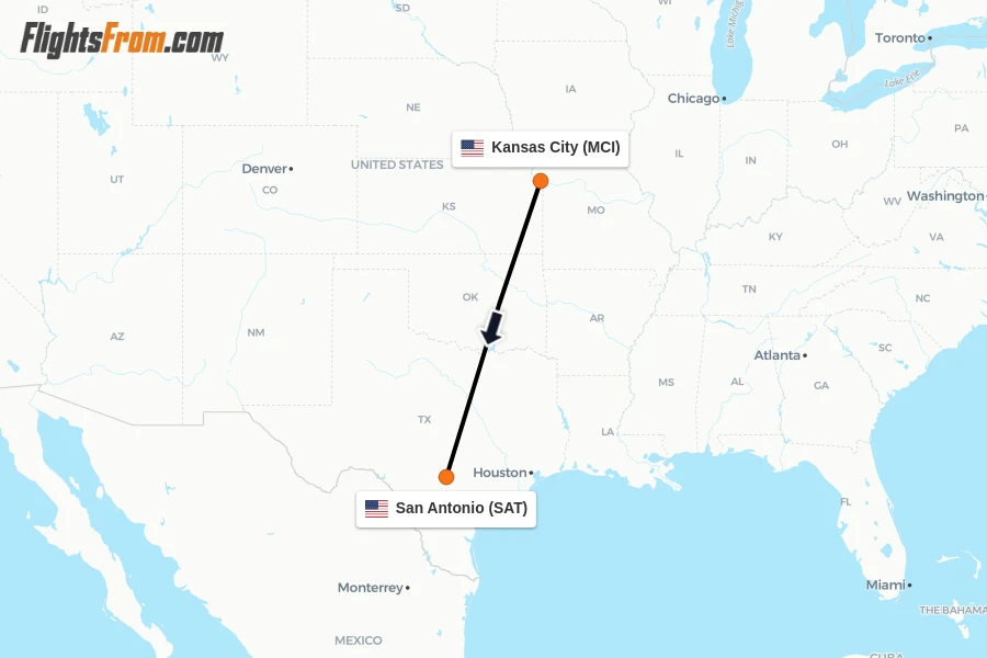 Flights from Kansas City to San Antonio route map