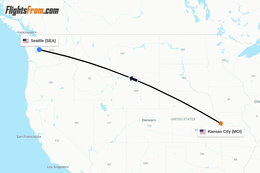 Flights from Kansas City to Seattle route map