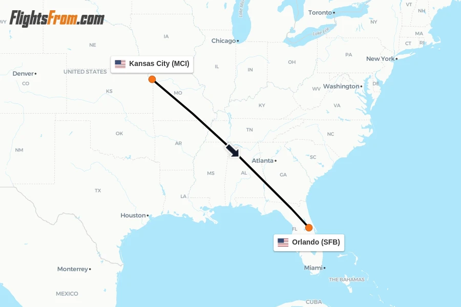 Flights from Kansas City to Orlando route map