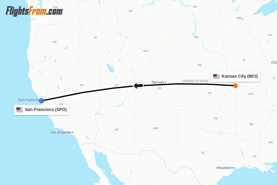 Flights from Kansas City to San Francisco route map