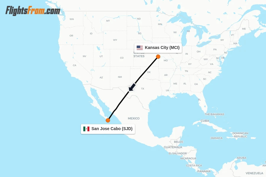 Flights from Kansas City to San Jose Cabo route map