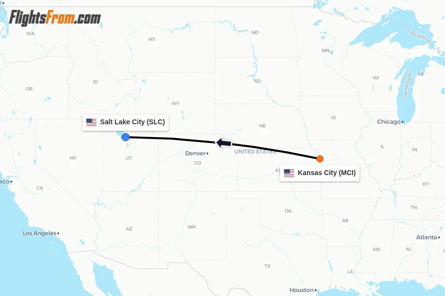 Flights from Kansas City to Salt Lake City route map