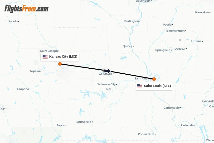 Flights from Kansas City to Saint Louis route map