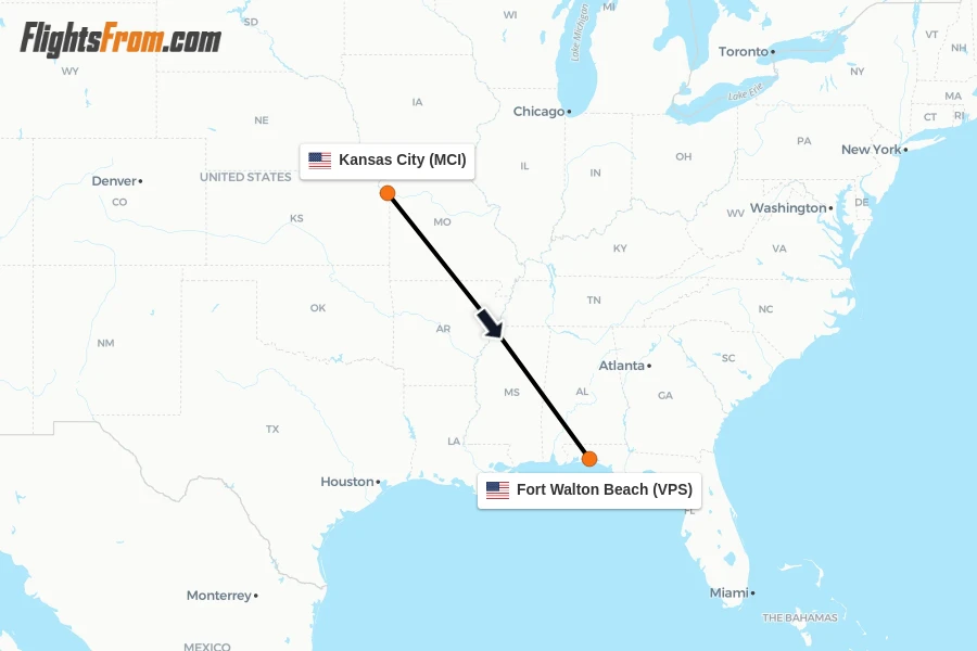 Flights from Kansas City to Fort Walton Beach route map