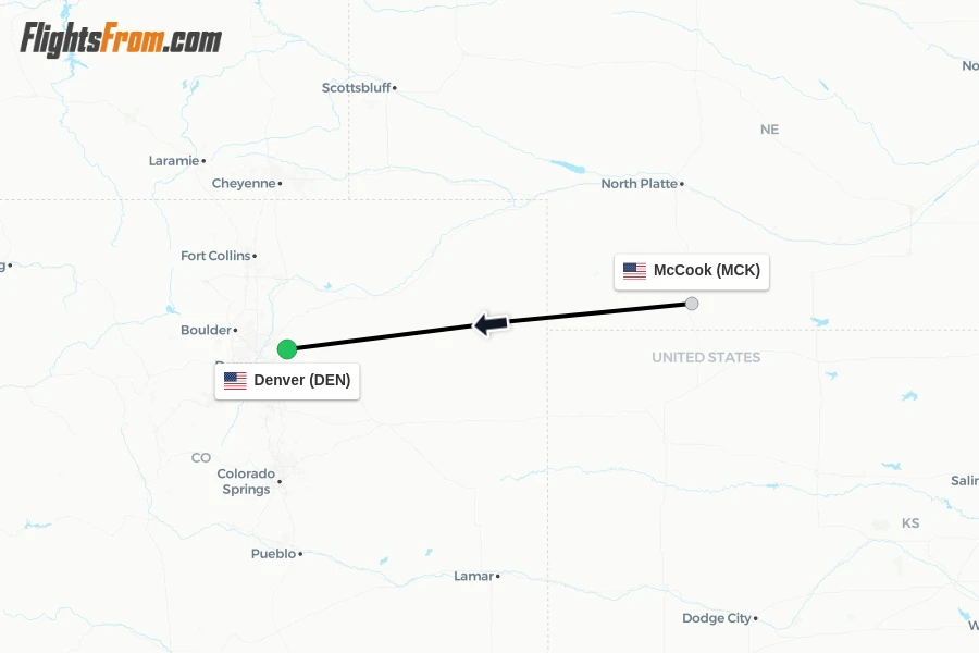 Flights from McCook to Denver route map