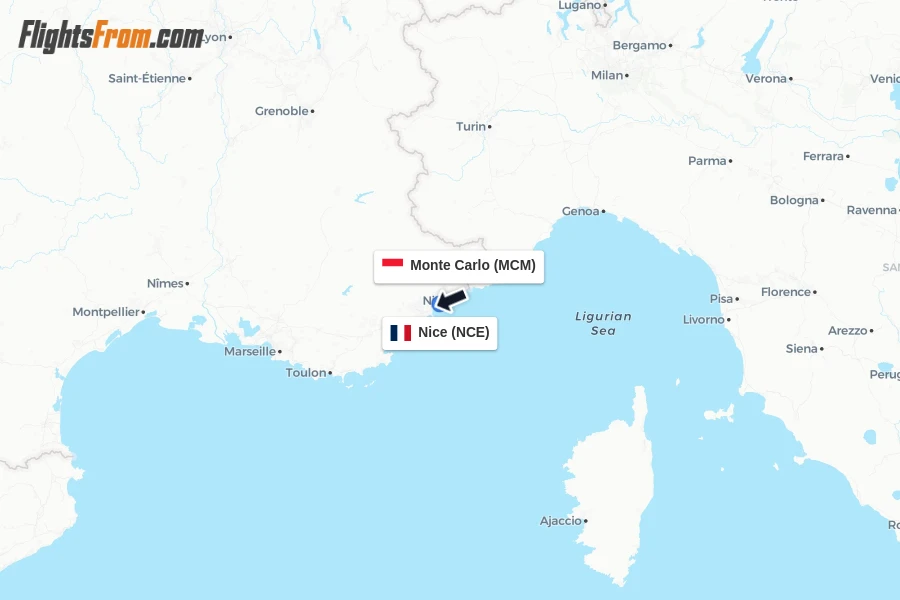 Flights from Monte Carlo to Nice route map
