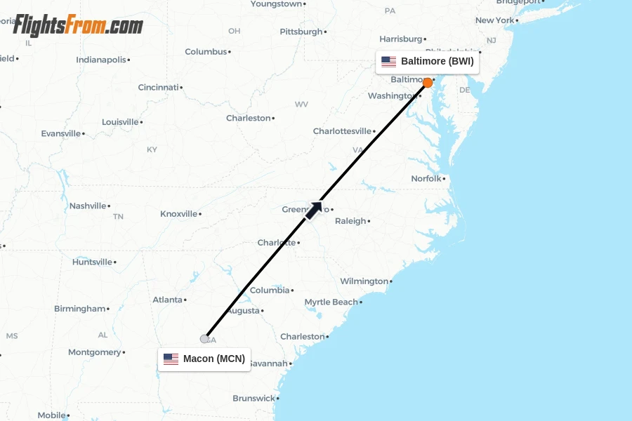 Flights from Macon to Baltimore route map