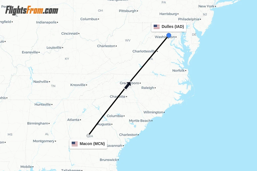 Flights from Macon to Dulles route map