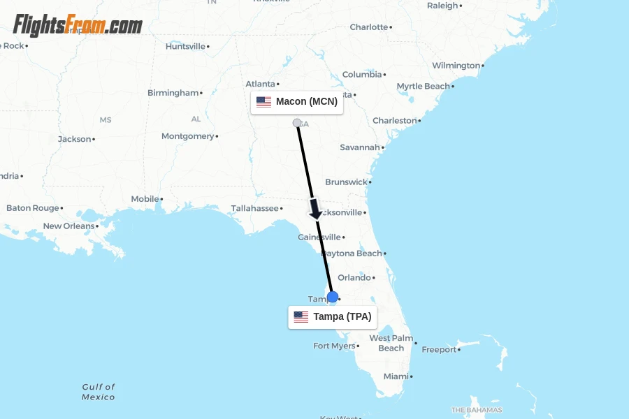 Flights from Macon to Tampa route map