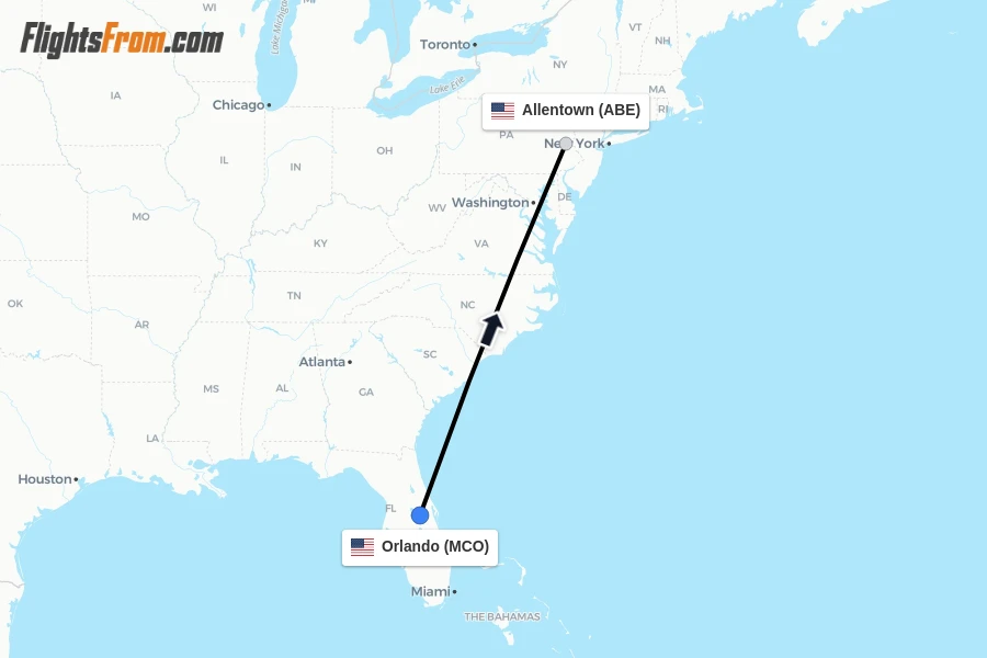 Flights from Orlando to Allentown route map