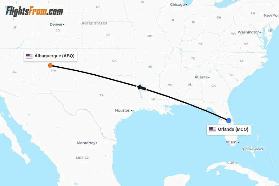 Flights from Orlando to Albuquerque route map
