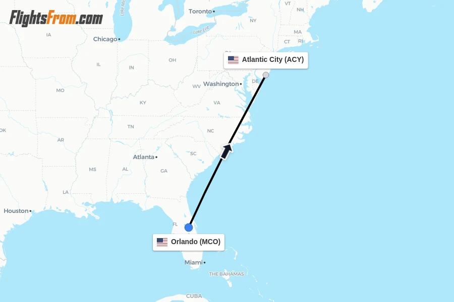 Flights from Orlando to Atlantic City route map