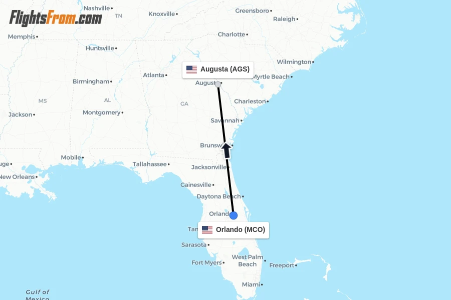 Flights from Orlando to Augusta route map