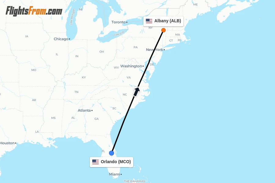 Flights from Orlando to Albany route map