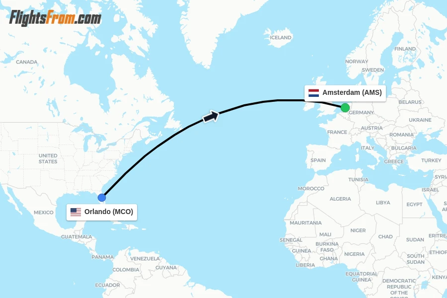 Flights from Orlando to Amsterdam route map