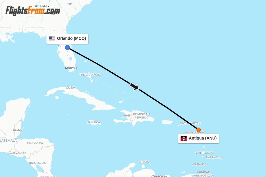Flights from Orlando to Antigua route map