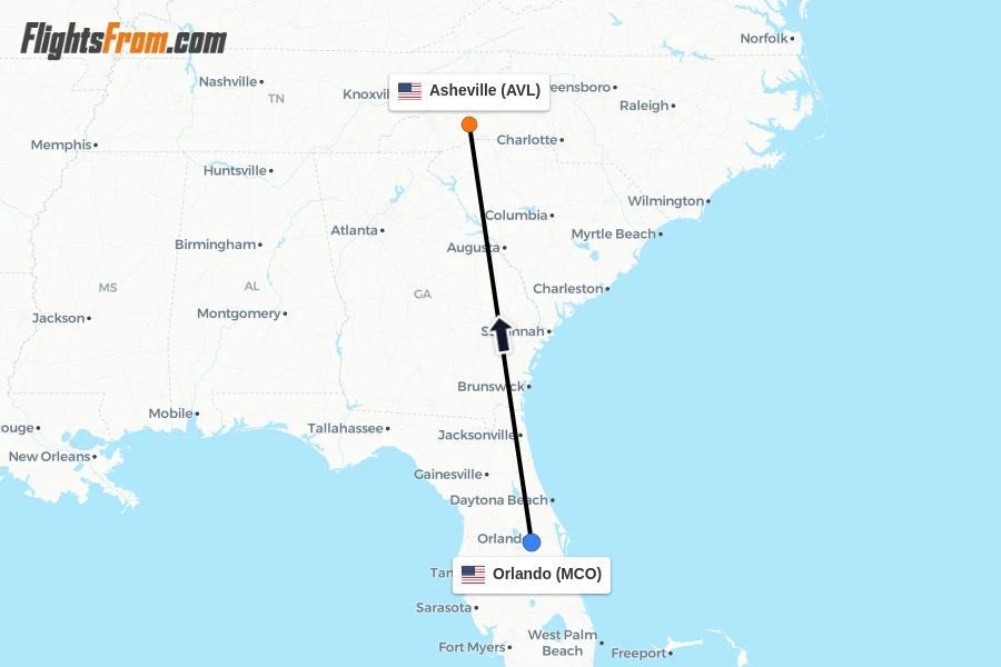 Flights from Orlando to Asheville route map