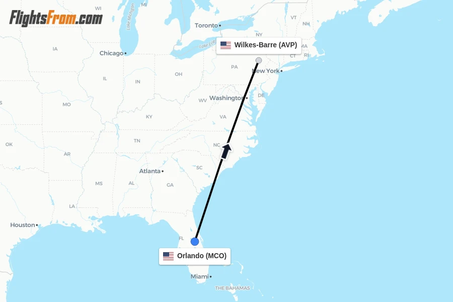 Flights from Orlando to Wilkes-Barre route map