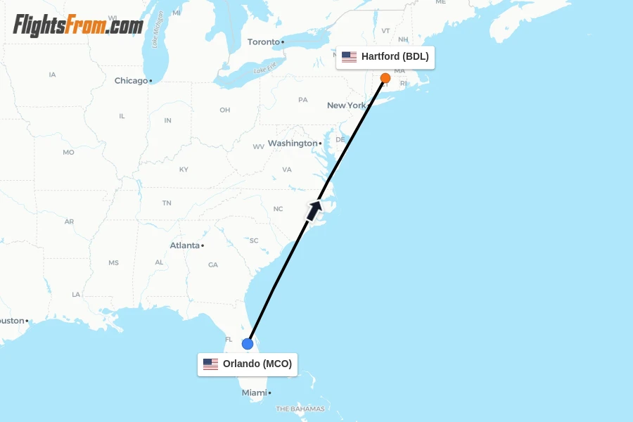 Flights from Orlando to Hartford route map
