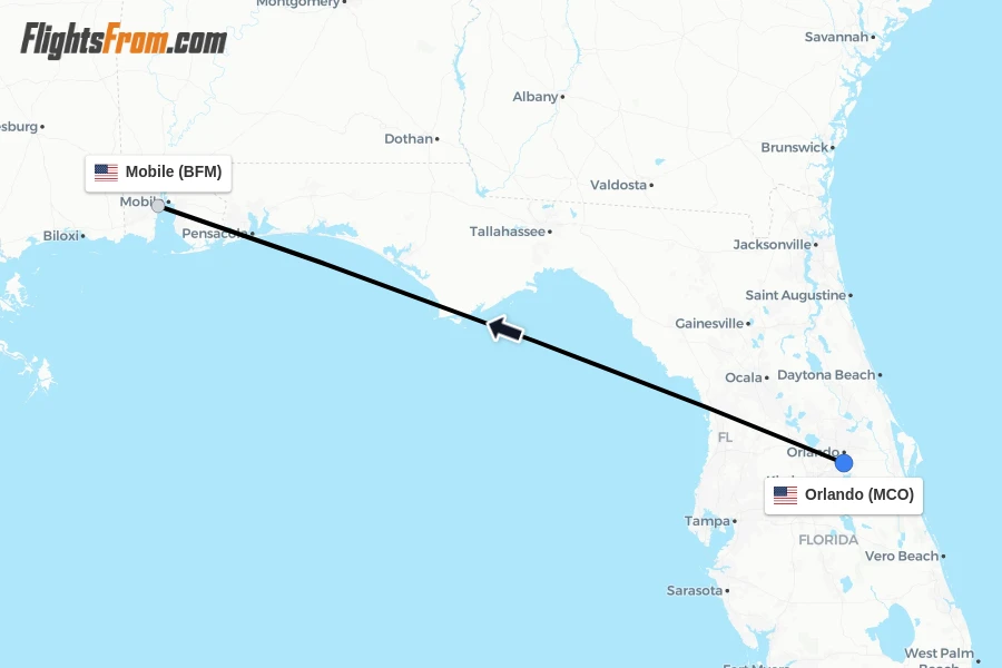 Flights from Orlando to Mobile route map