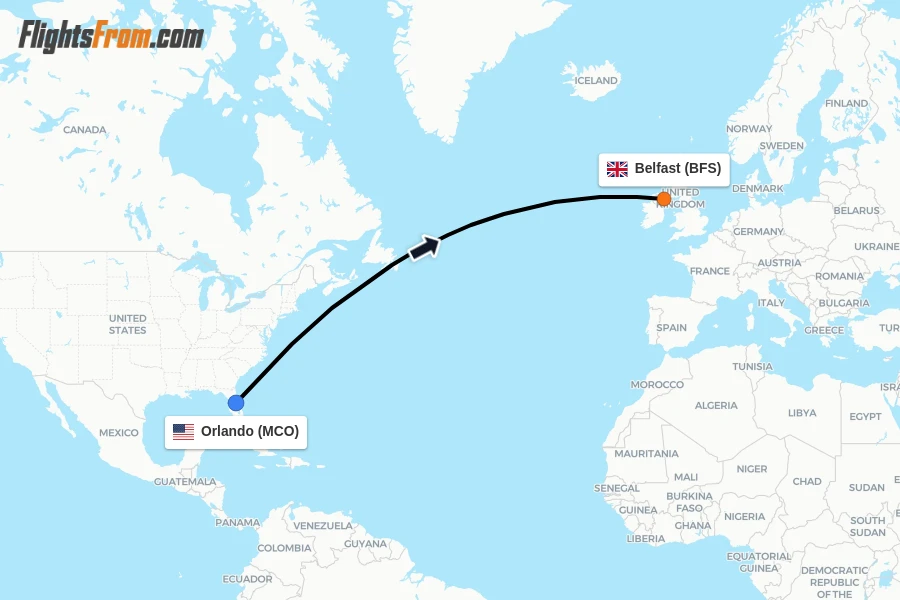 Flights from Orlando to Belfast route map