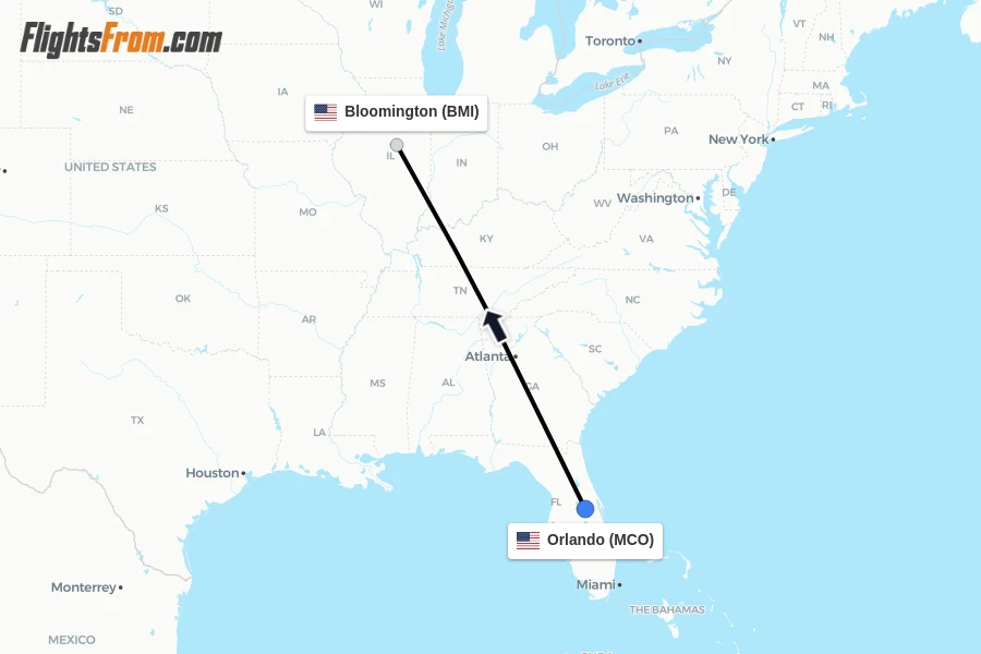 Flights from Orlando to Bloomington route map