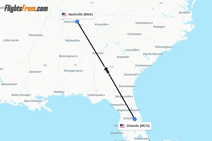 Flights from Orlando to Nashville route map
