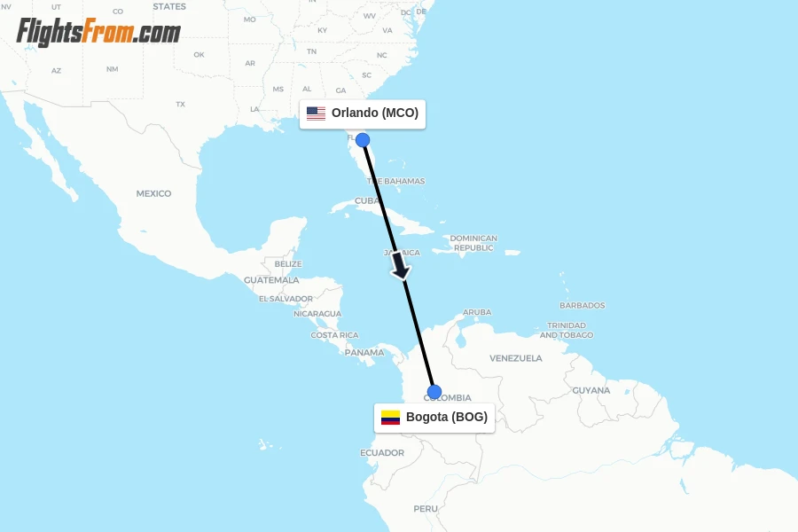 Flights from Orlando to Bogota route map