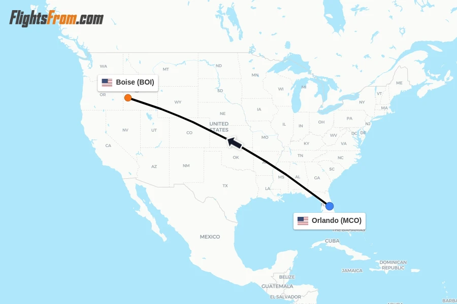 Flights from Orlando to Boise route map